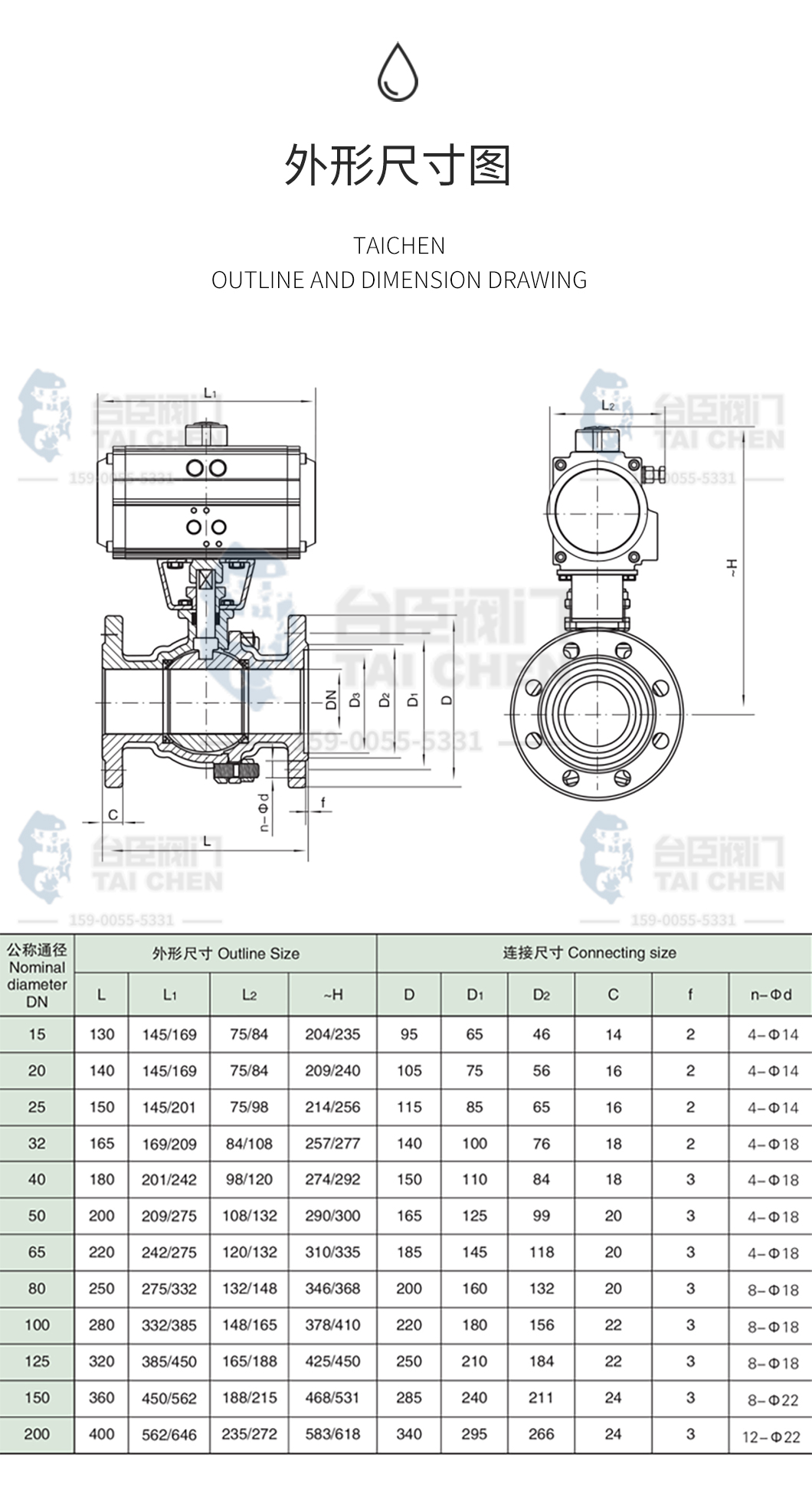 Q641F氣動法蘭球閥尺寸圖